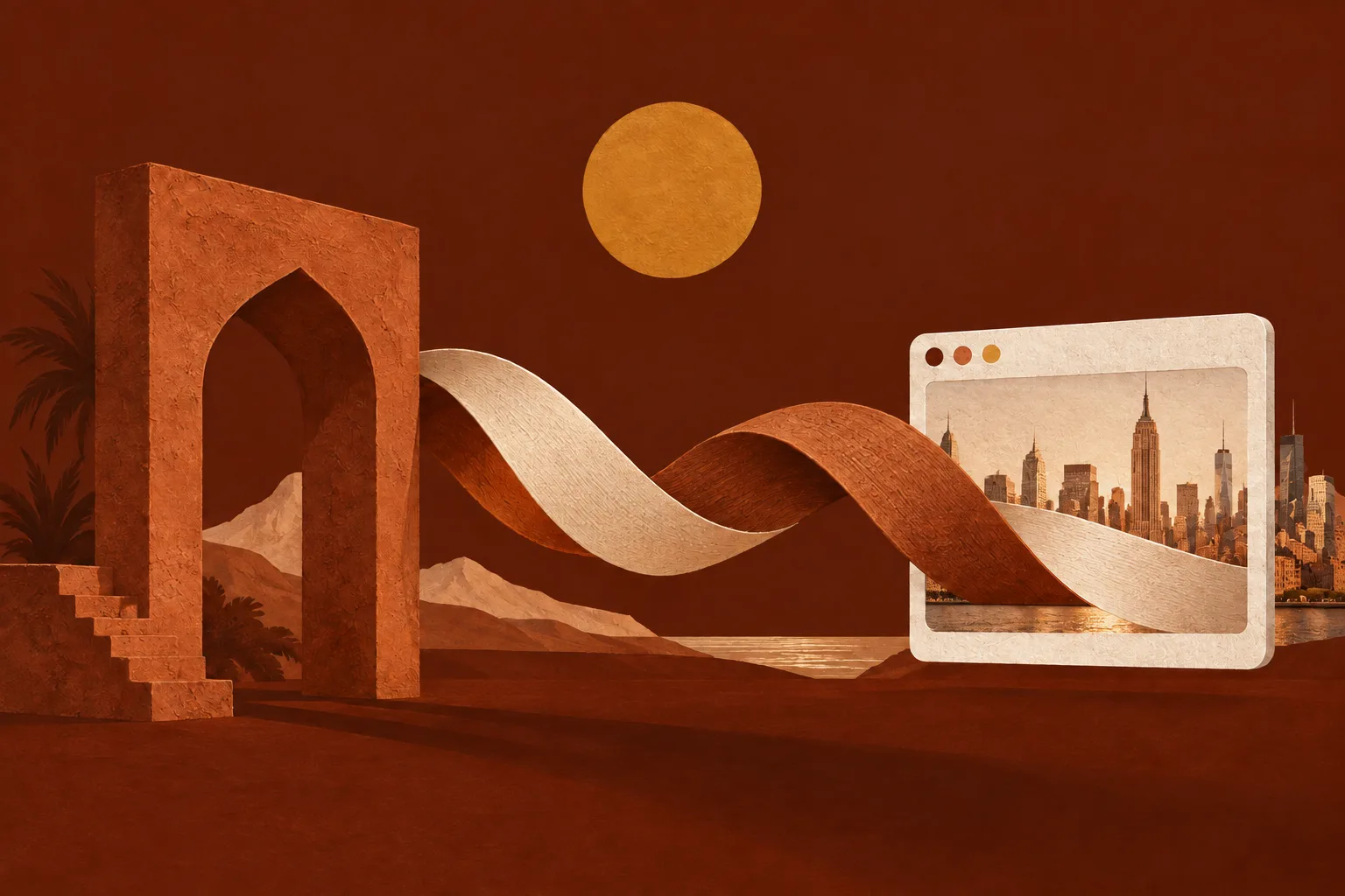 A woven ribbon connects a Middle Eastern clay arch with a New York skyline in a browser window beneath a saffron sun